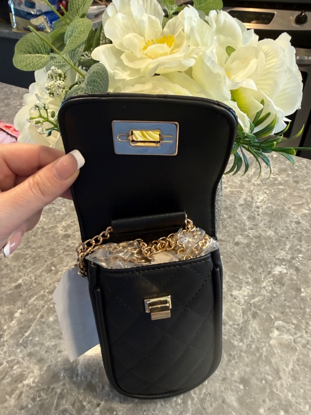 Quilted Black Vegan Leather Mini Crossbody with Gold Turn-Lock - Picture 2 of 4